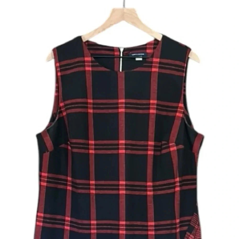Tommy Hilfiger Red Black Plaid Asymmetrical Sheath Dress Size 16 - Picture 3 of 13